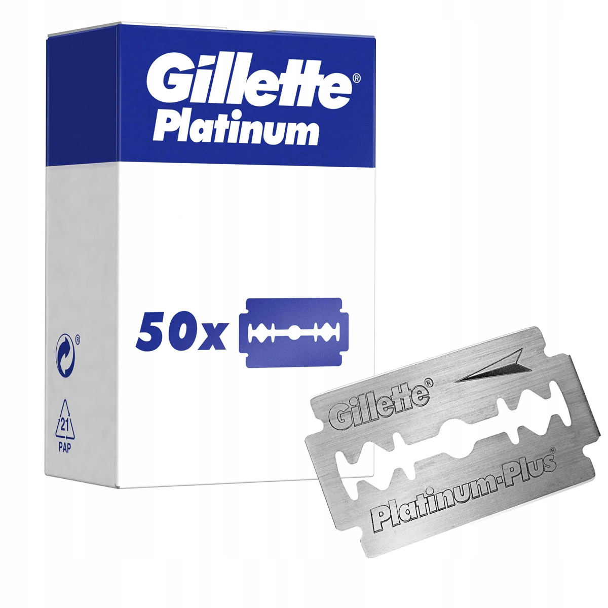 Caja de cuchillas de afeitar Gillette Platinum y una cuchilla suelta sobre superficie blanca. Fondo blanco.