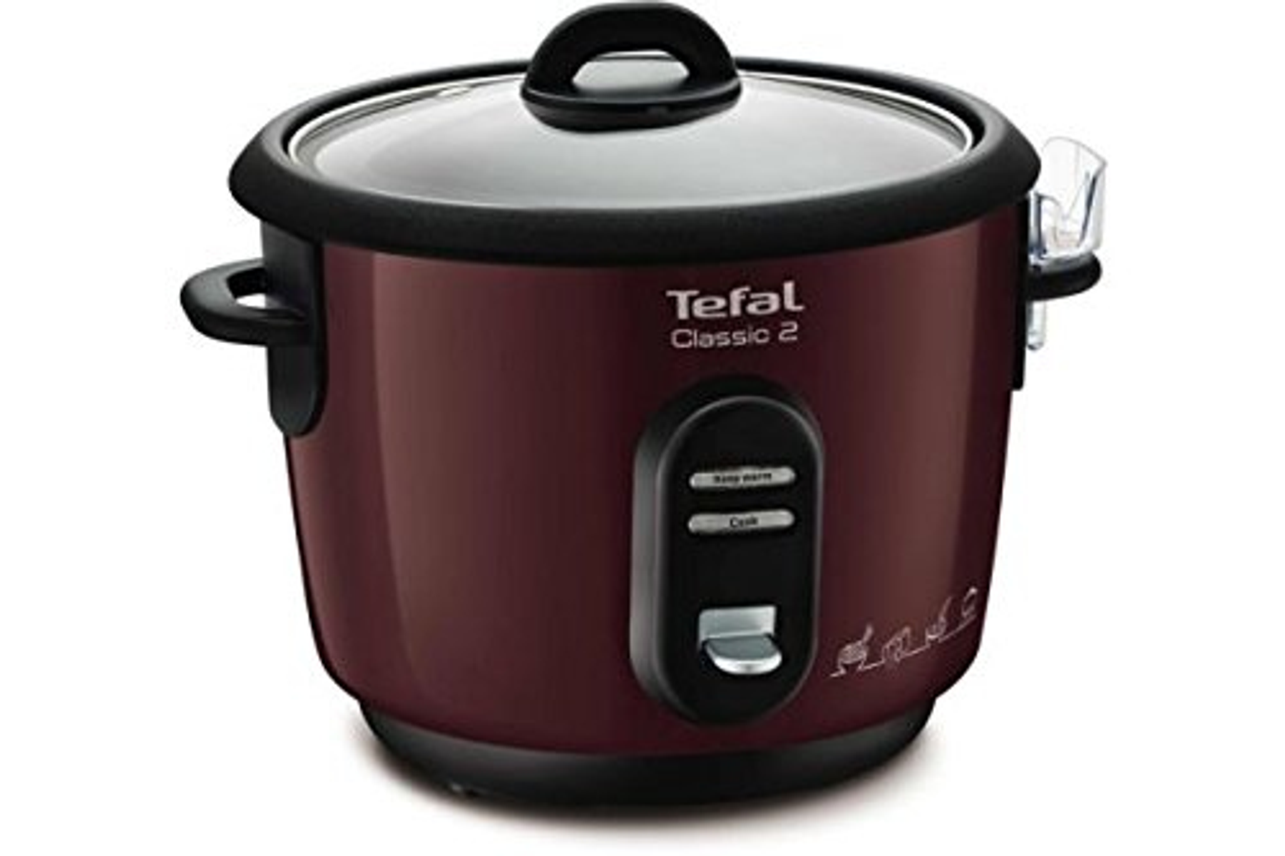 Bordowy garnek do ryżu Tefal Classic 2 z przezroczystą pokrywką i czarnymi akcentami.