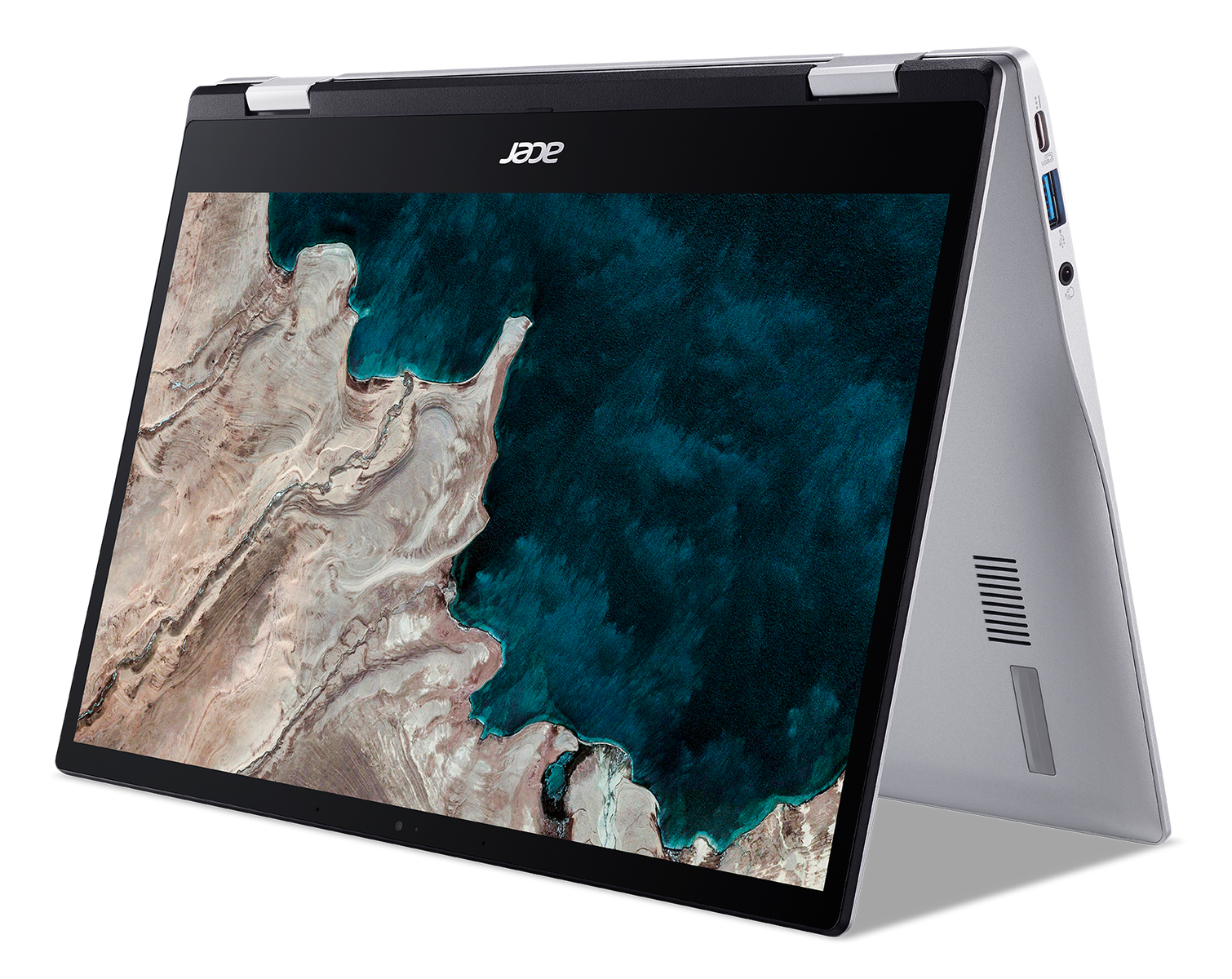 Una laptop Acer Chromebook, abierta y ligeramente inclinada, con un paisaje azul y marrón en la pantalla.