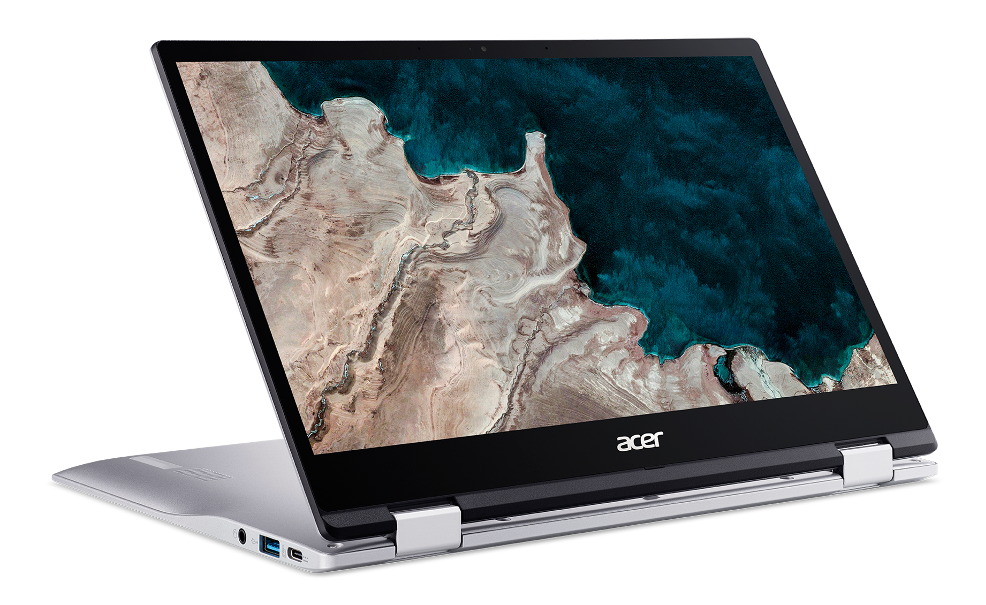 Portátil abierto, mostrando un paisaje costero con mar y cielo azules, logo de Acer visible.