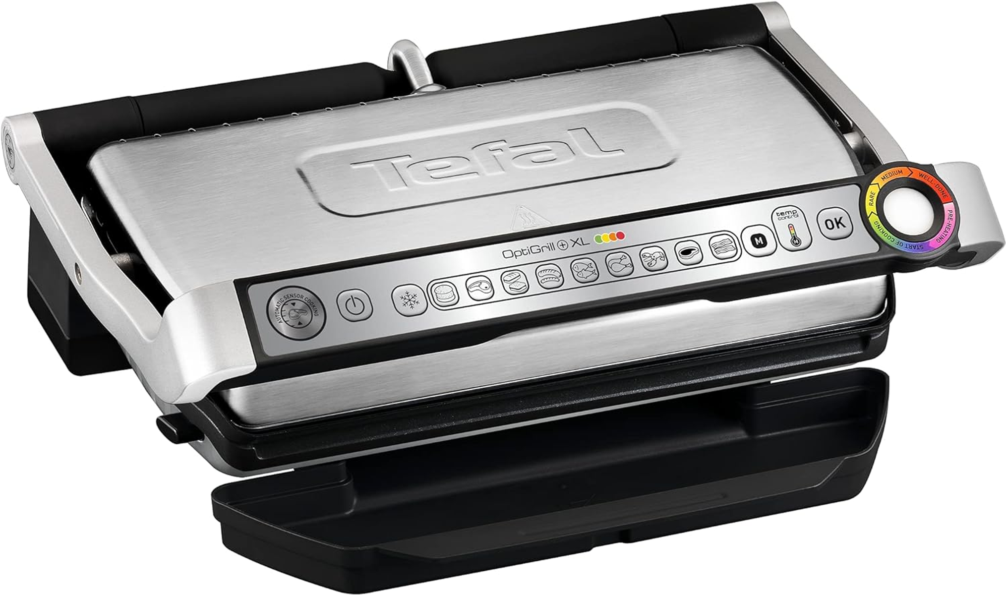 Primo piano di un Tefal OptiGrill XL argento e nero, aperto per mostrare le piastre della griglia e i comandi.