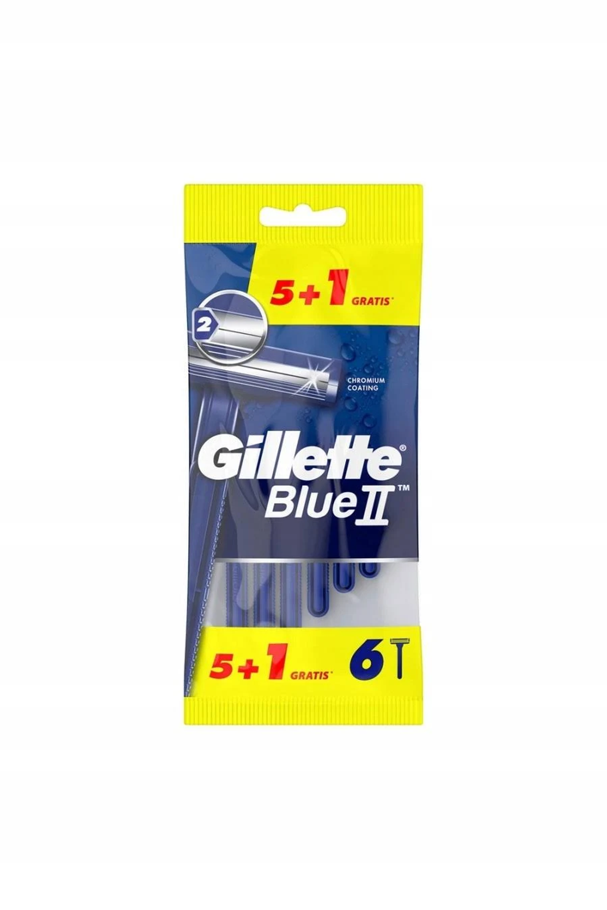 Confezione di rasoi Gillette Blue II. Confezione gialla e blu. Contiene 6 rasoi.