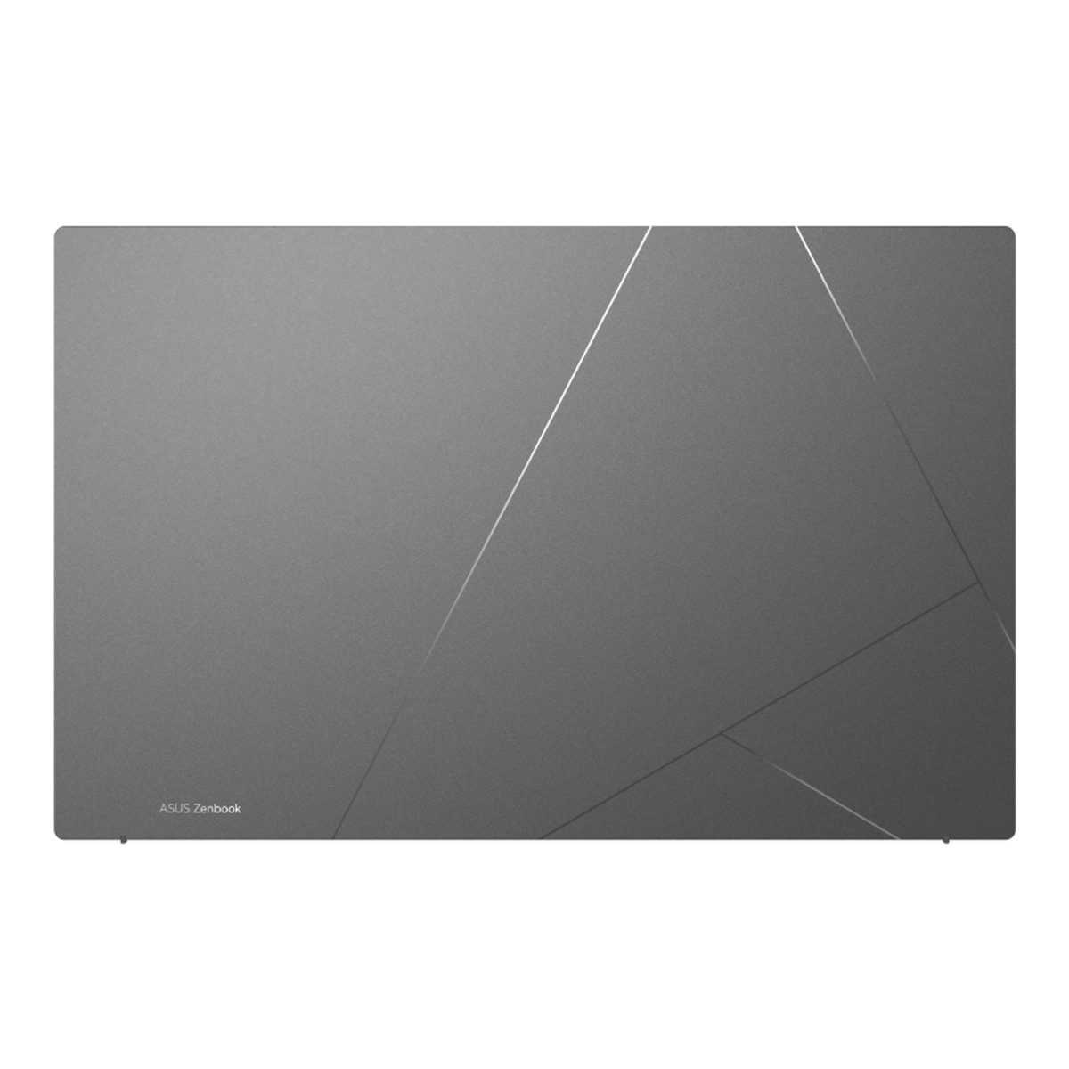 Tapa de portátil gris con líneas plateadas y texto ASUS Zenbook.