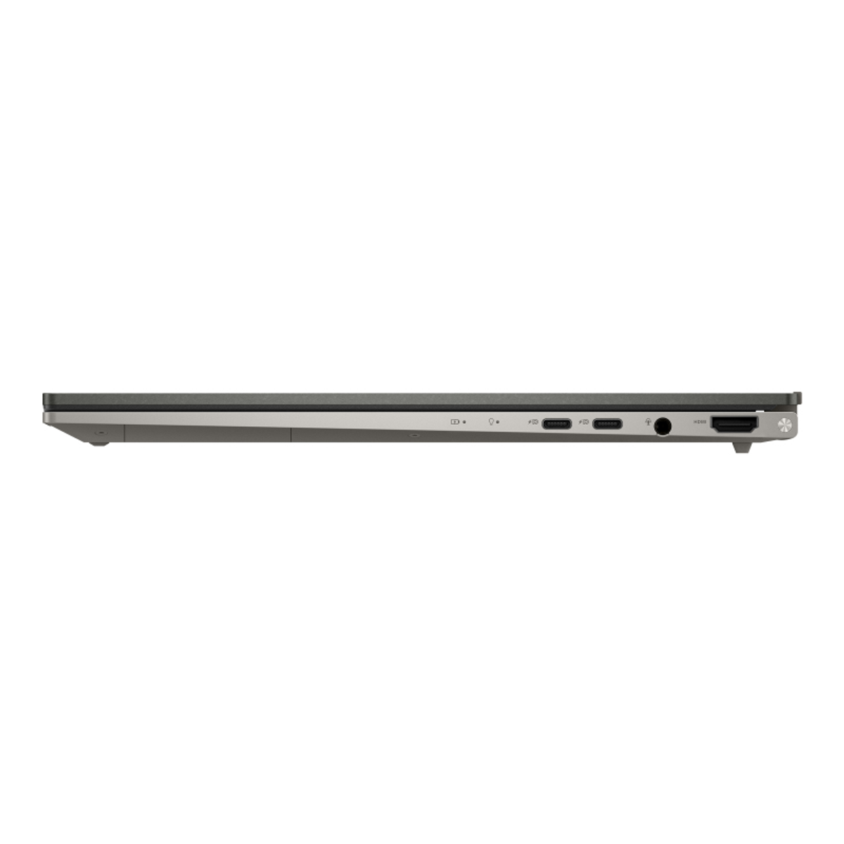 Vista lateral de un portátil que muestra puertos, incluyendo USB, HDMI y un puerto de carga.