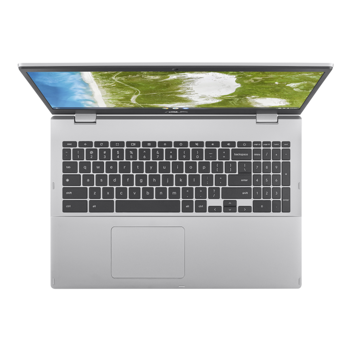 Un portátil ASUS, abierto. El teclado y la pantalla muestran una playa y tierra verde.