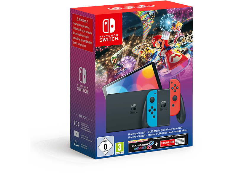 Consola - Switch OLED + Mario Kart 8 Deluxe (código descarga) + 3 meses NSO  NINTENDO, Switch OLED, 64 GB, Azul y Rojo Neón