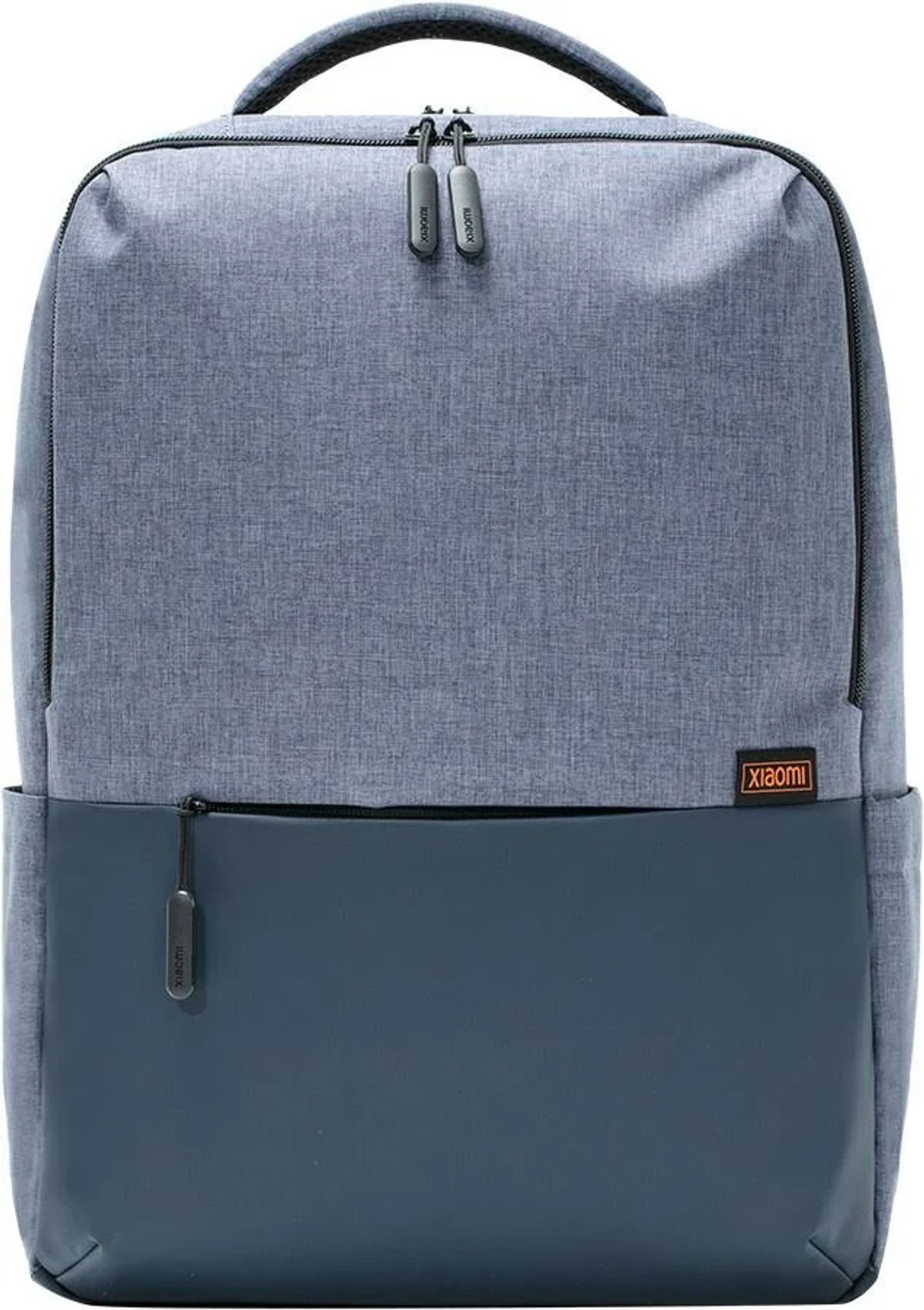 Una mochila Xiaomi azul y gris con un bolsillo frontal y un asa superior.