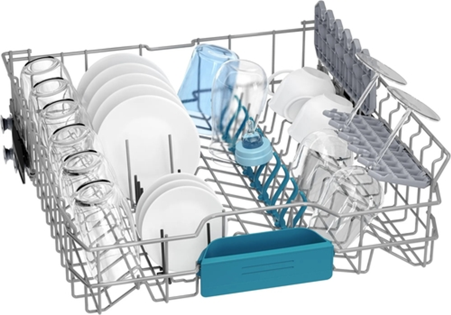 Kosz zmywarki z naczyniami, szklankami i sztućcami. Niebieski pojemnik na dole.