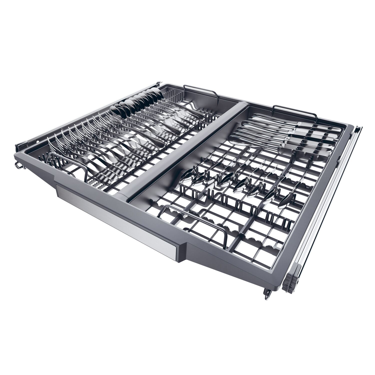 Kosz na sztućce do zmywarki wypełniony przyborami kuchennymi.