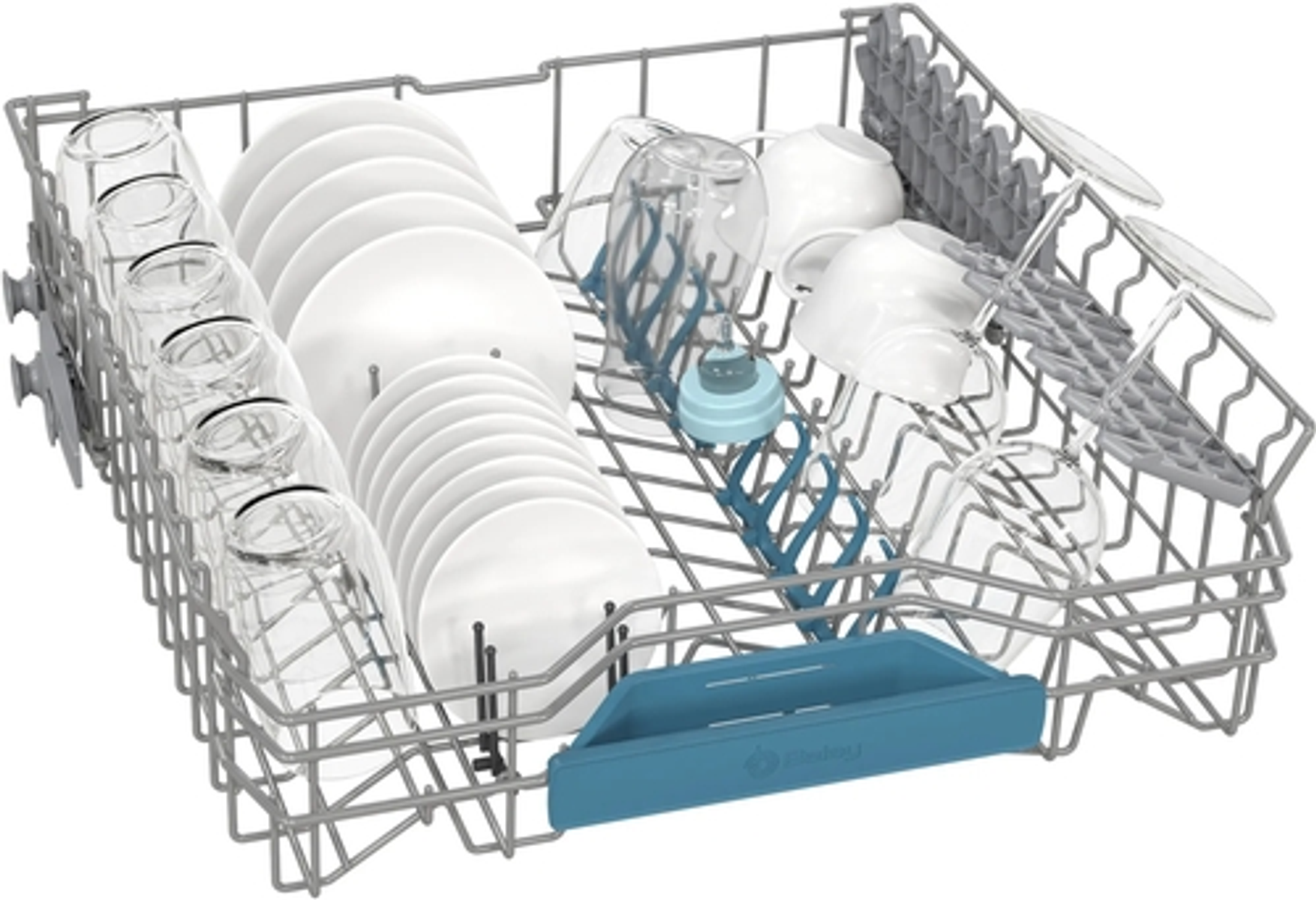 Regał zmywarki załadowany talerzami, szklankami, filiżankami i innymi naczyniami.