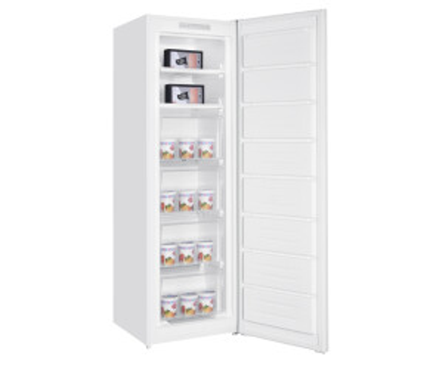 Congelador vertical blanco. Puerta abierta, mostrando estantes con recipientes de alimentos congelados.
