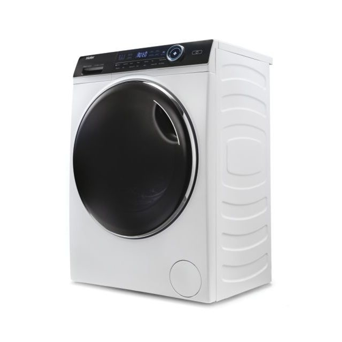 Lavatrice Haier bianca, vista frontale, porta nera. Sfondo bianco.