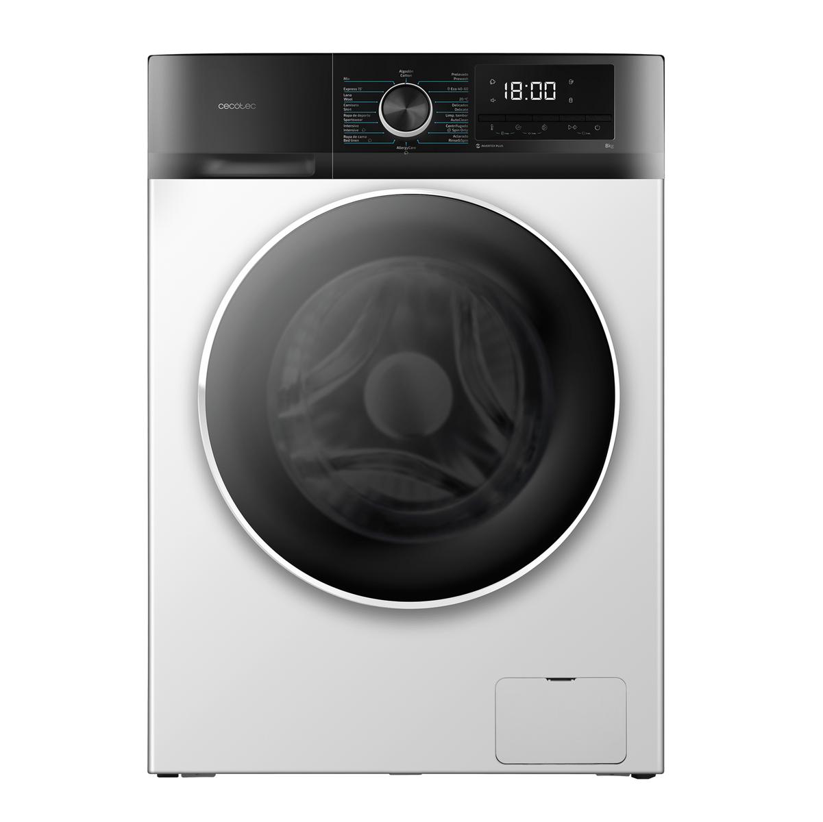 Widok z przodu białej i czarnej pralki z cyfrowym wyświetlaczem pokazującym 18:00.