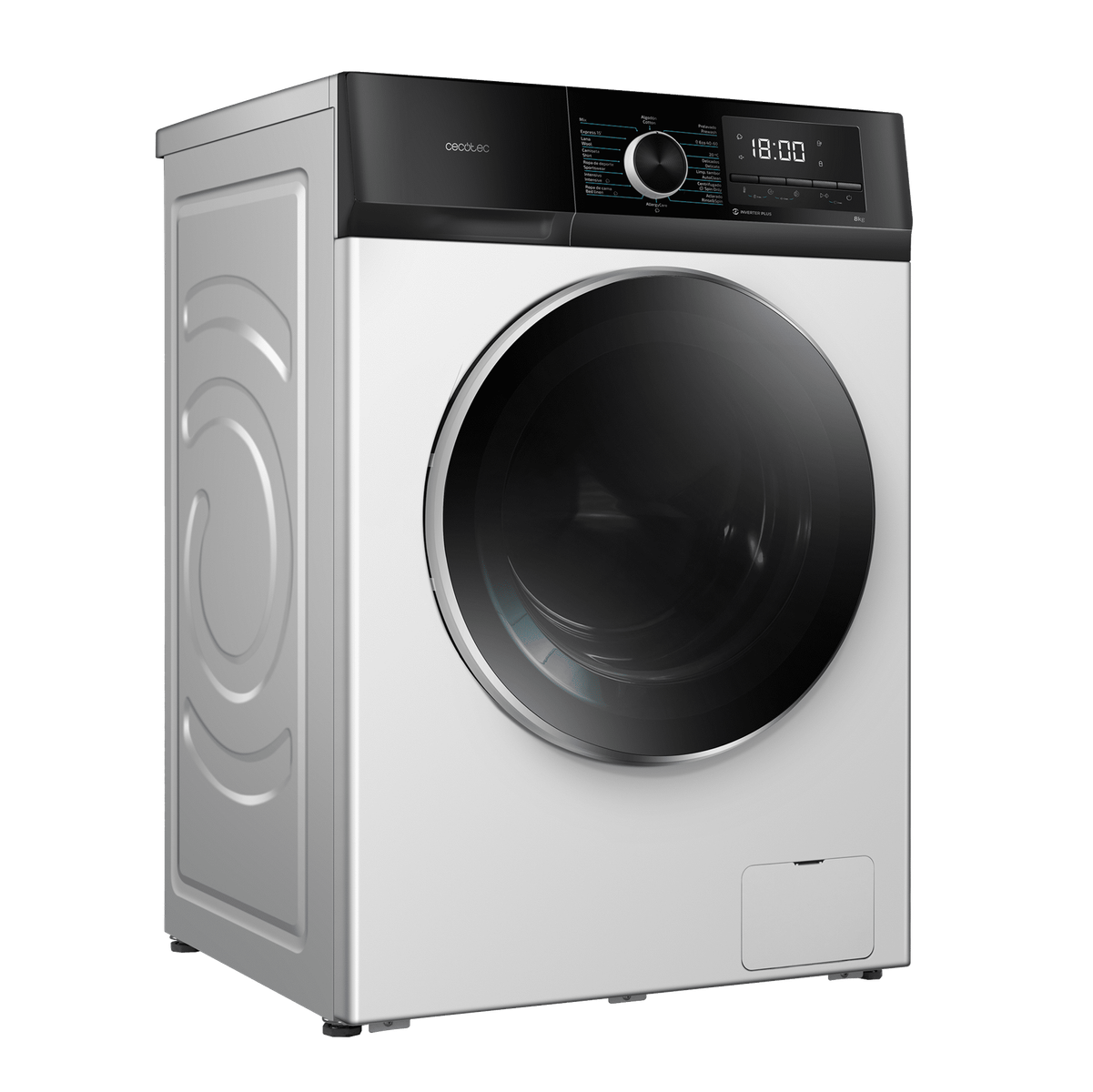 Biała pralka z czarnym panelem sterowania i cyfrowym wyświetlaczem, widok pod kątem.