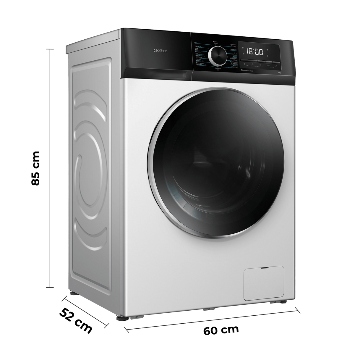 Biała pralka z czarnym panelem górnym i dużymi drzwiami. Pokazano wymiary.