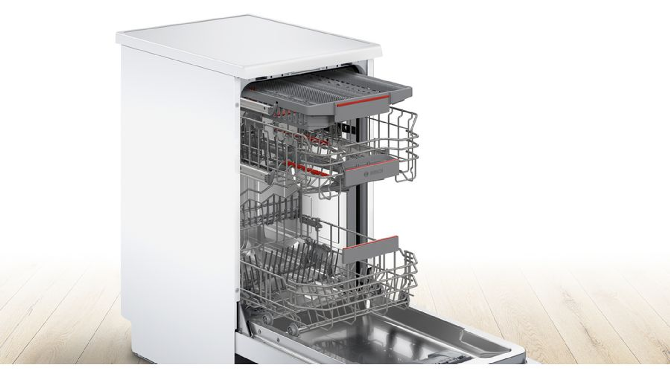 Zmywarka z otwartymi drzwiami, pokazująca półki i wnętrze.