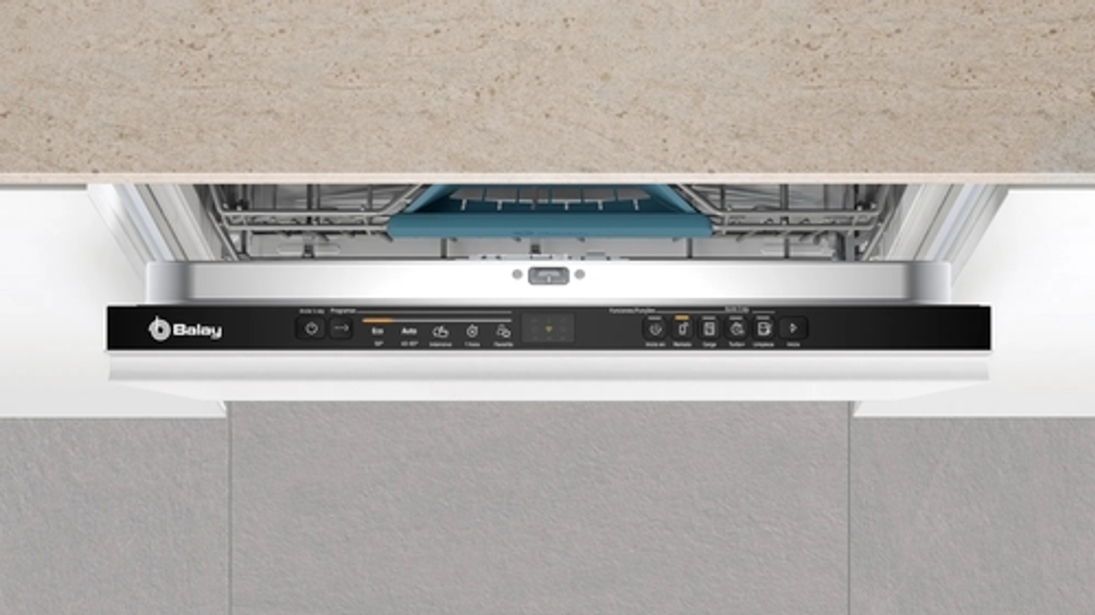 Un primer plano del panel de control de un lavavajillas con botones y una pantalla digital.