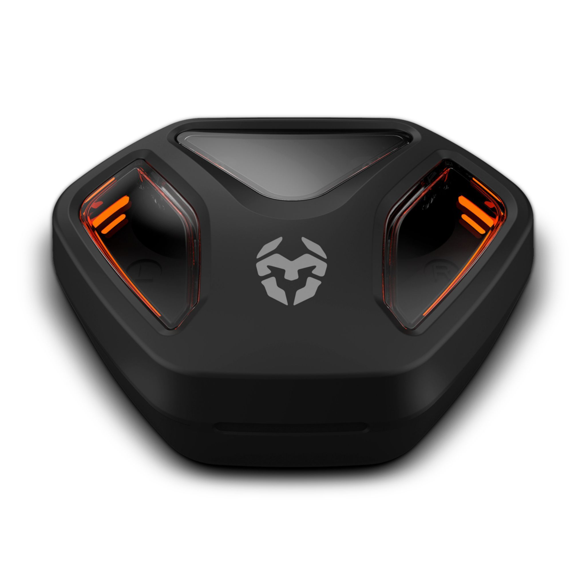 Schwarze, sechseckige Ladestation mit orangefarbenen Lichtern. Hat ein Markenlogo und ein schlankes, modernes Design.