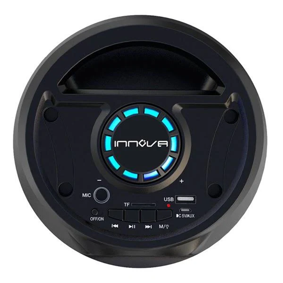Altavoz negro con controles y un centro iluminado en azul. Tiene puertos MIC, TF, USB y CC.