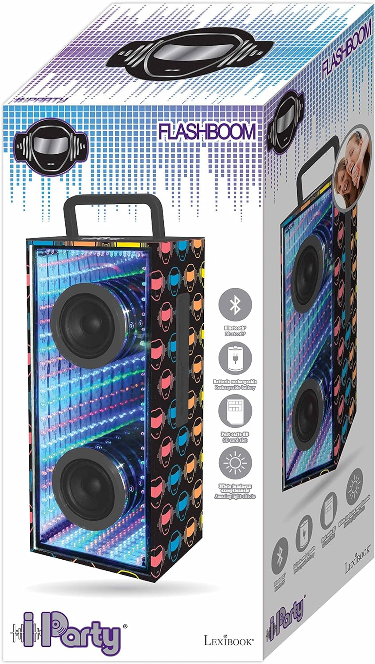 Una caja de altavoz con múltiples altavoces y diseño colorido.