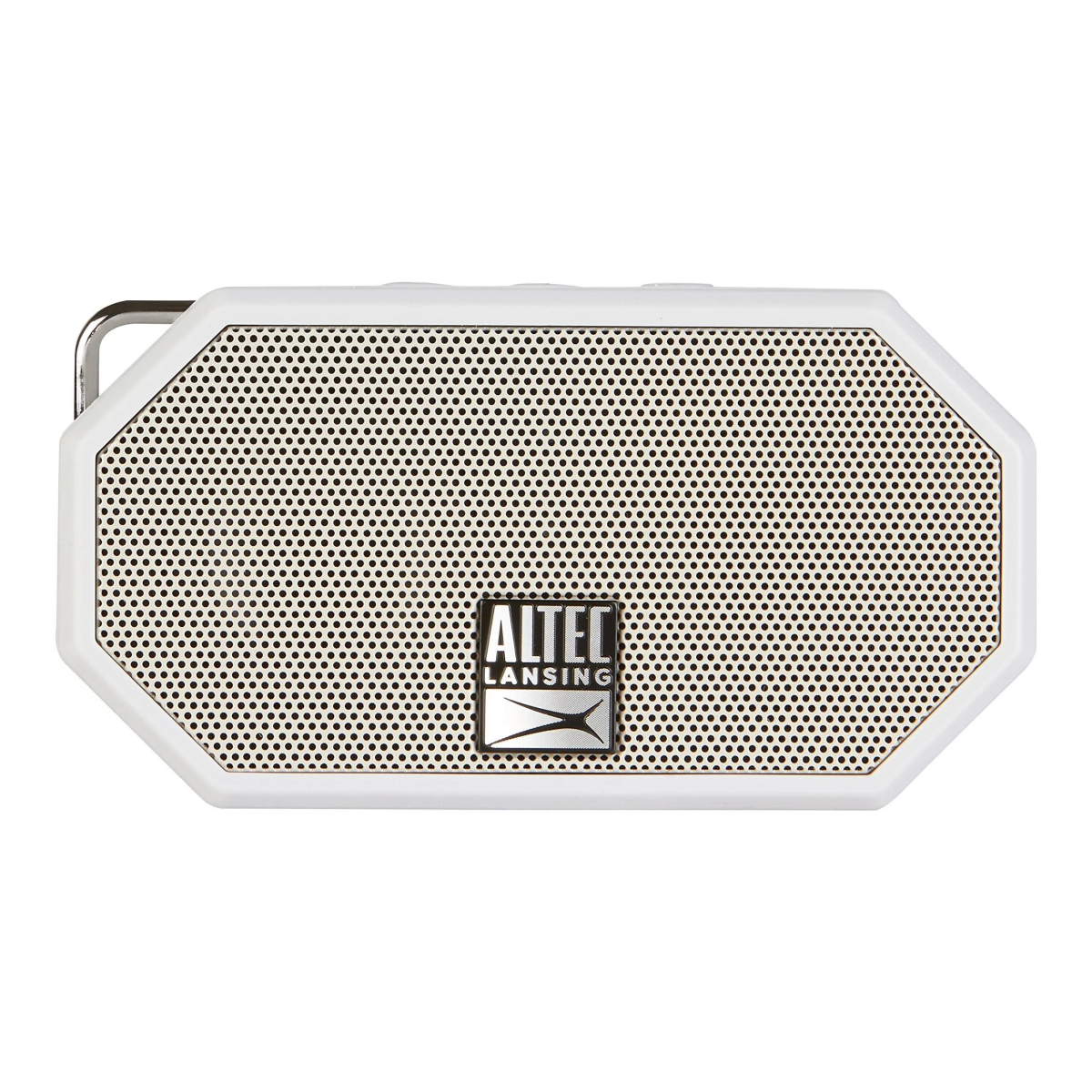 Altoparlante portatile Altec Lansing bianco e grigio a forma di ottagono su sfondo bianco.