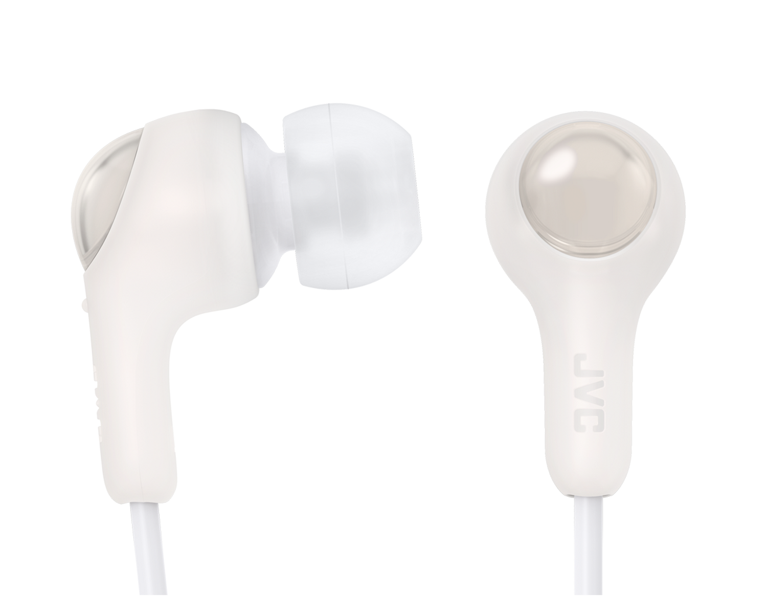 Białe słuchawki JVC. Słuchawki mają biały przewód i są zaprojektowane z myślą o wygodzie.