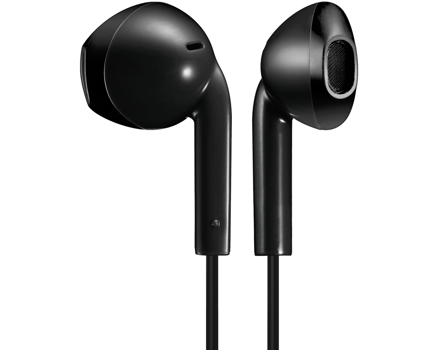 Dwa czarne słuchawki o eleganckim designie, na czarnym tle.