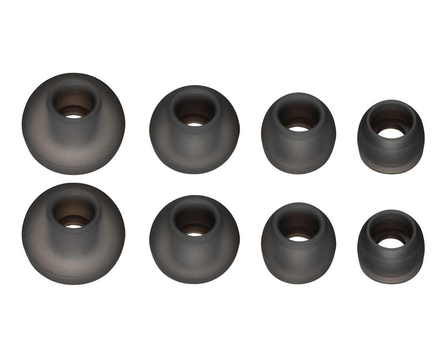 Osiem czarnych wkładek dousznych o różnych rozmiarach, przeznaczonych do słuchawek, prezentowanych w schludnym układzie.