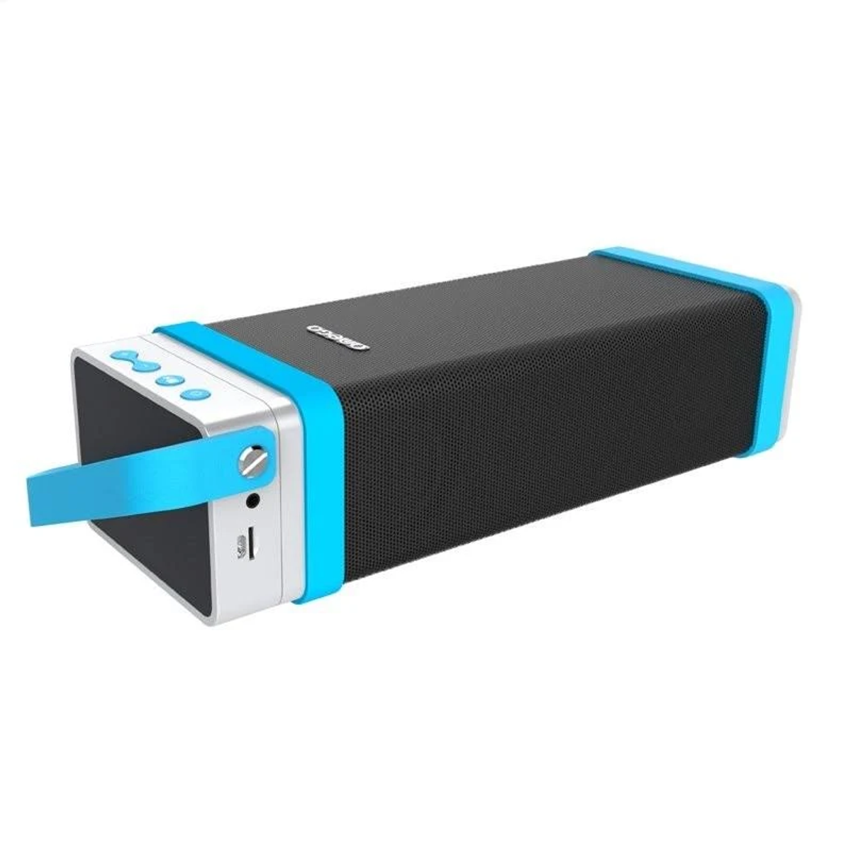 Altavoz portátil negro y azul con botones de control y un asa, sobre una superficie blanca.