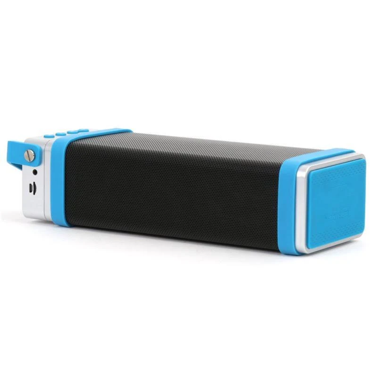 Altavoz rectangular negro y azul con botones y un asa lateral.