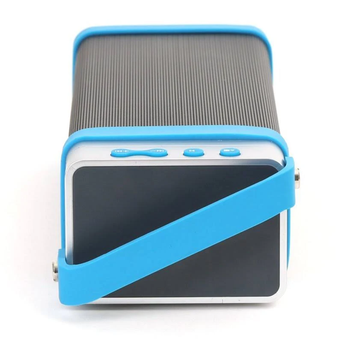 Altavoz Bluetooth rectangular con marco azul y botones en la parte superior sobre fondo blanco.