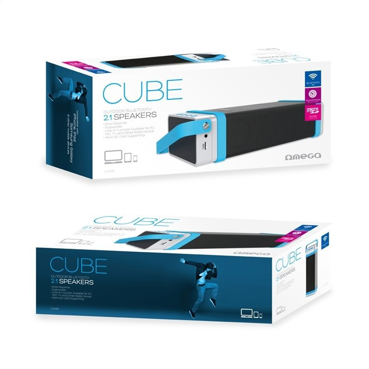 Altavoz Bluetooth para exteriores en forma de cubo azul y negro en una caja, con características.