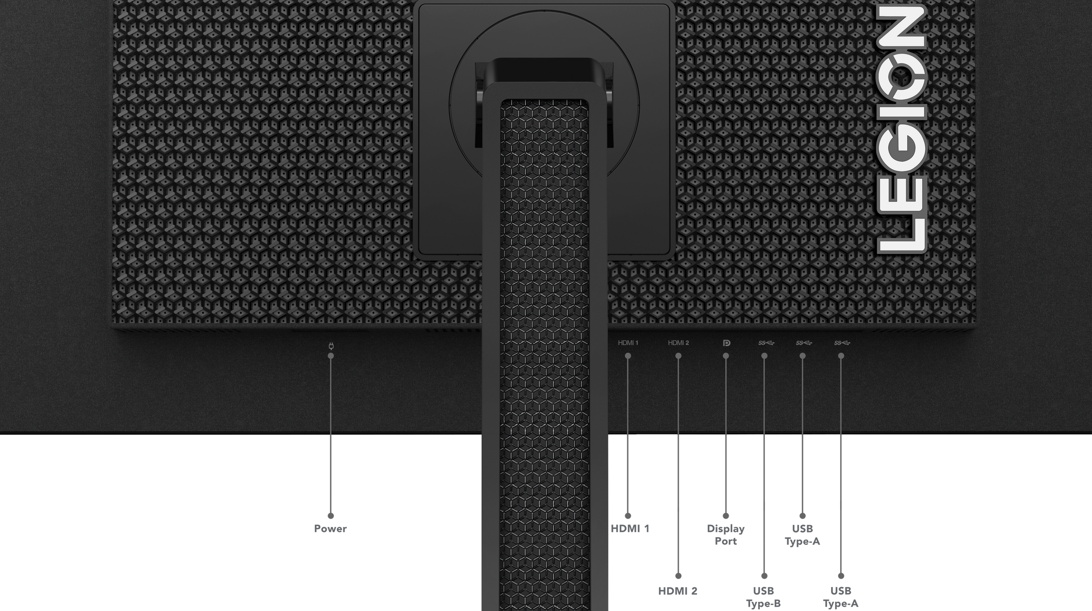 Tył czarnego monitora z portami i napisem LEGION. Posiada sześciokątny wzór.