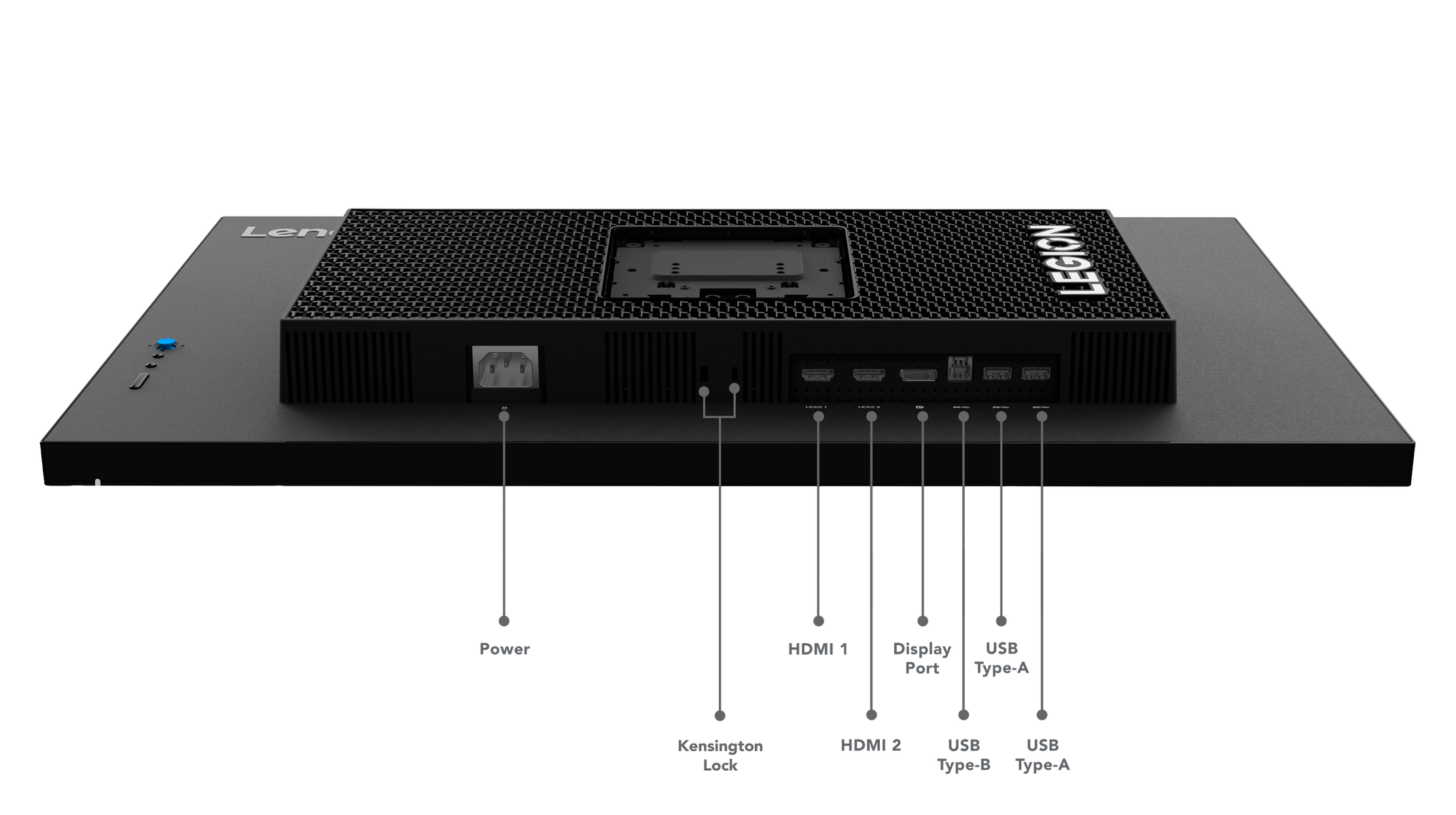 Czarny tył monitora Lenovo Legion z zasilaniem, HDMI, USB i innymi portami.