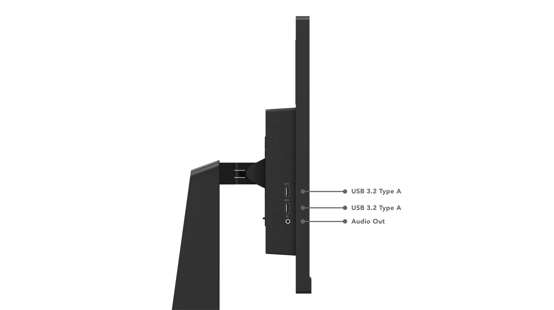 Widok z boku monitora, pokazujący porty USB i audio, z etykietami.