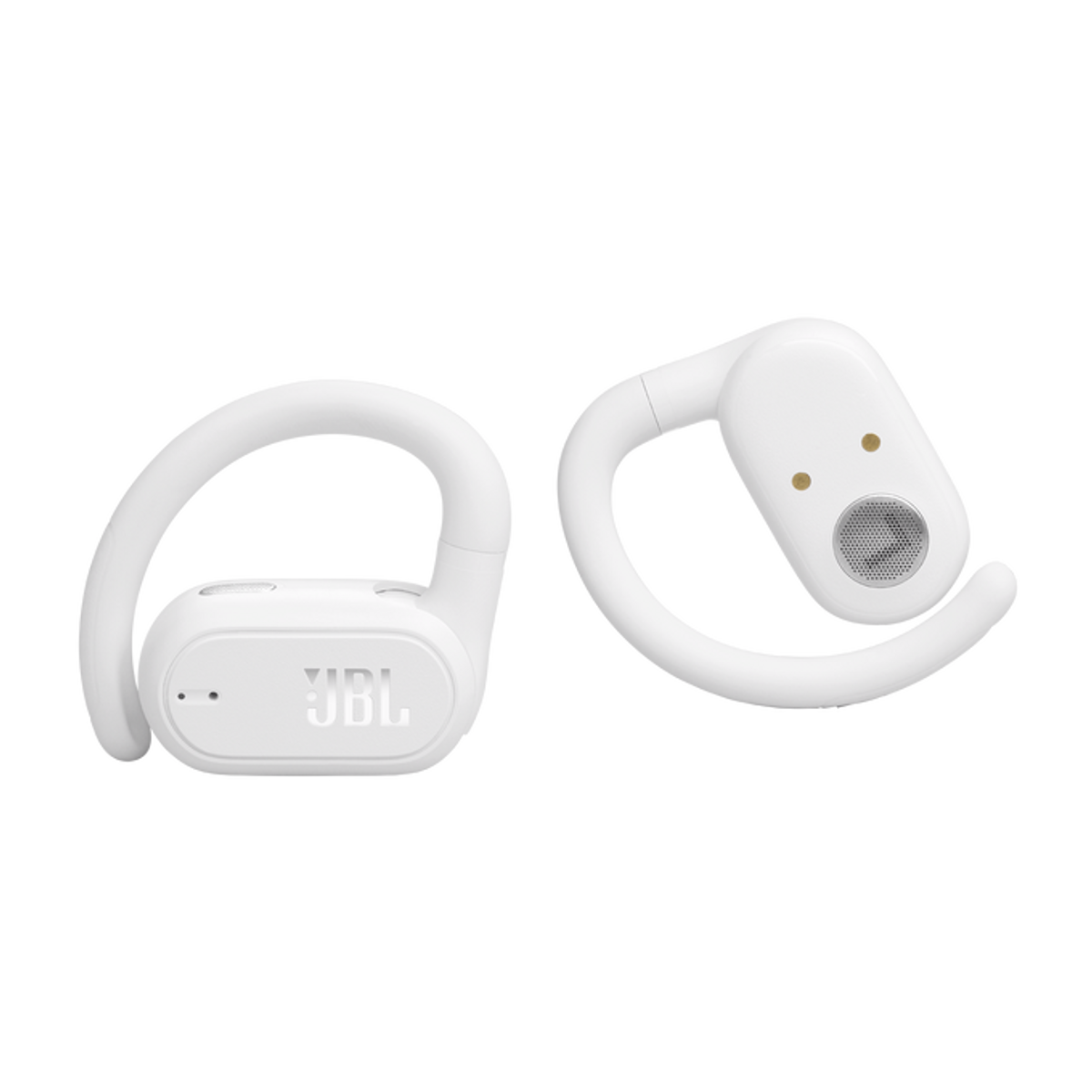 Auriculares inalámbricos JBL blancos, dos, con ganchos para la oreja, mostrando el logo.