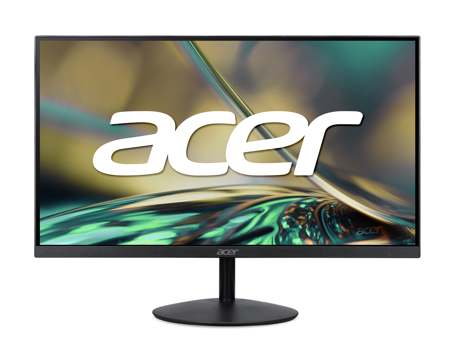 Un monitor Acer negro que muestra el logotipo de Acer sobre un fondo abstracto colorido, sobre una superficie negra.