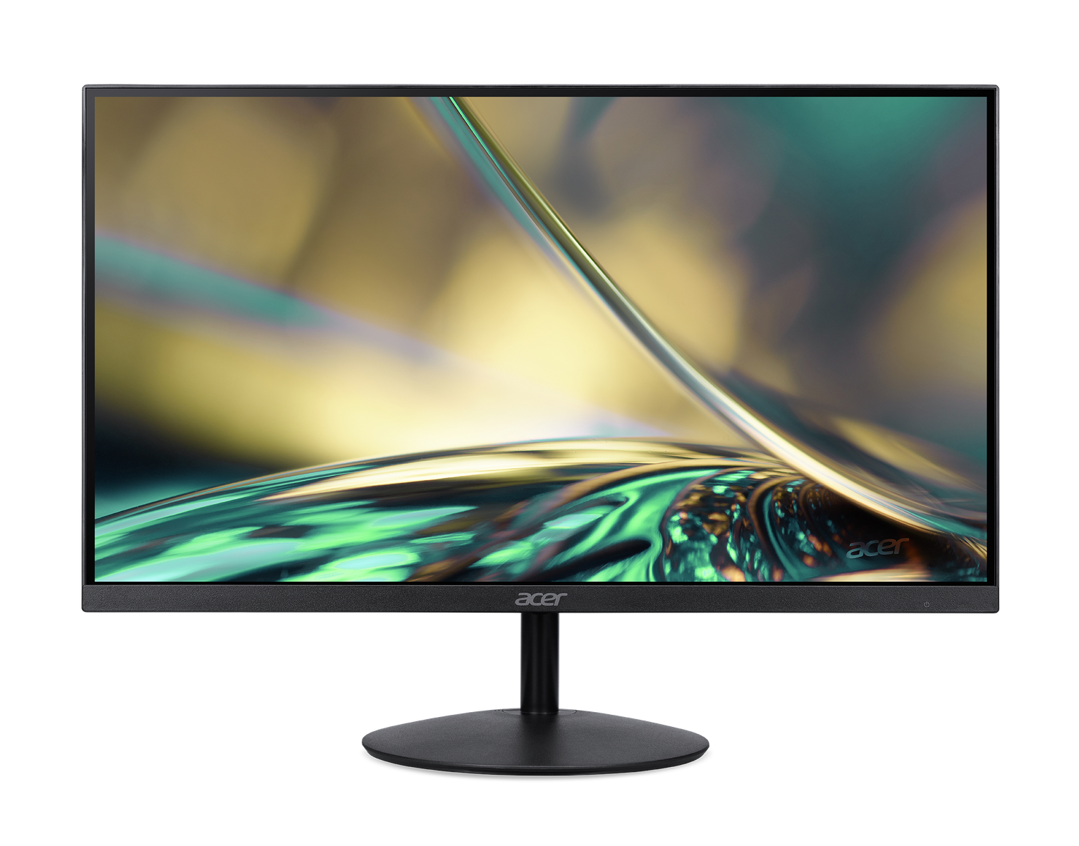 Un monitor Acer muestra una imagen abstracta colorida. El monitor tiene una base negra.