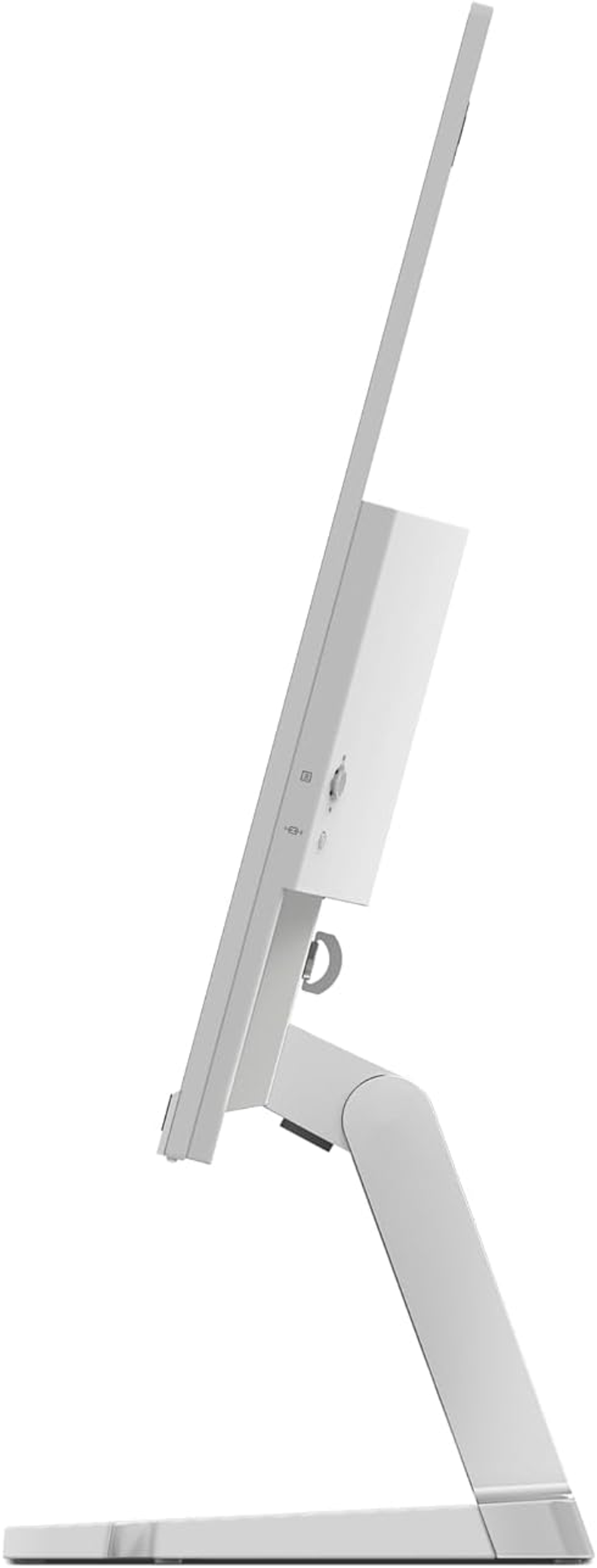 Un monitor de ordenador blanco visto de lado. El monitor está en ángulo y tiene un soporte blanco.