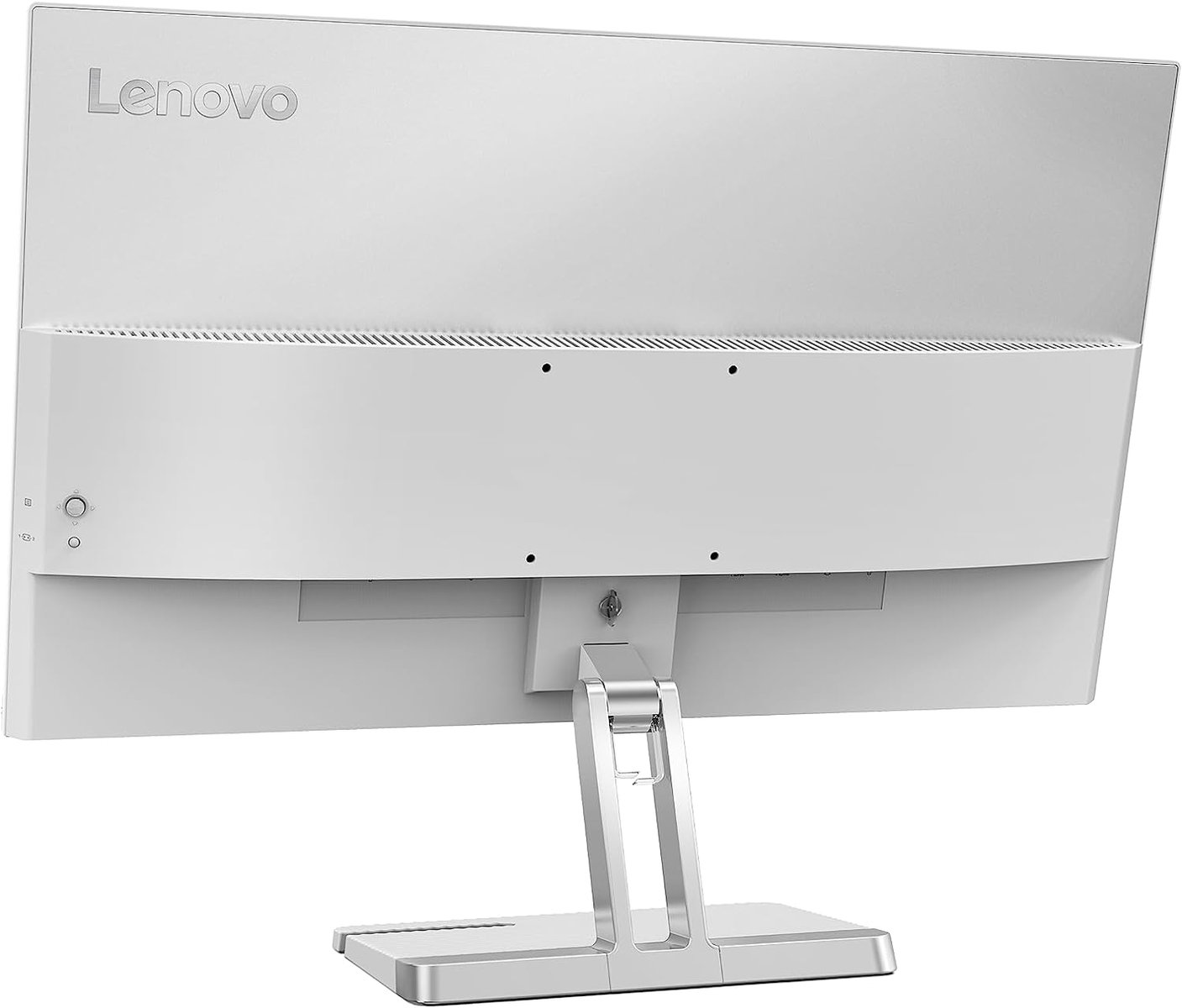 Parte trasera de monitor Lenovo blanco. Tiene logo, ventilación y soporte.