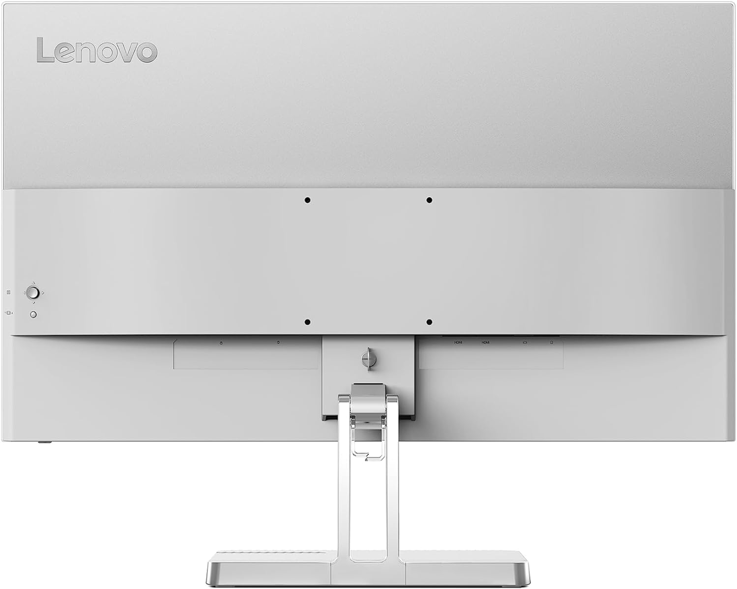 Parte trasera de un monitor Lenovo blanco con puertos y soporte. Logo Lenovo arriba.