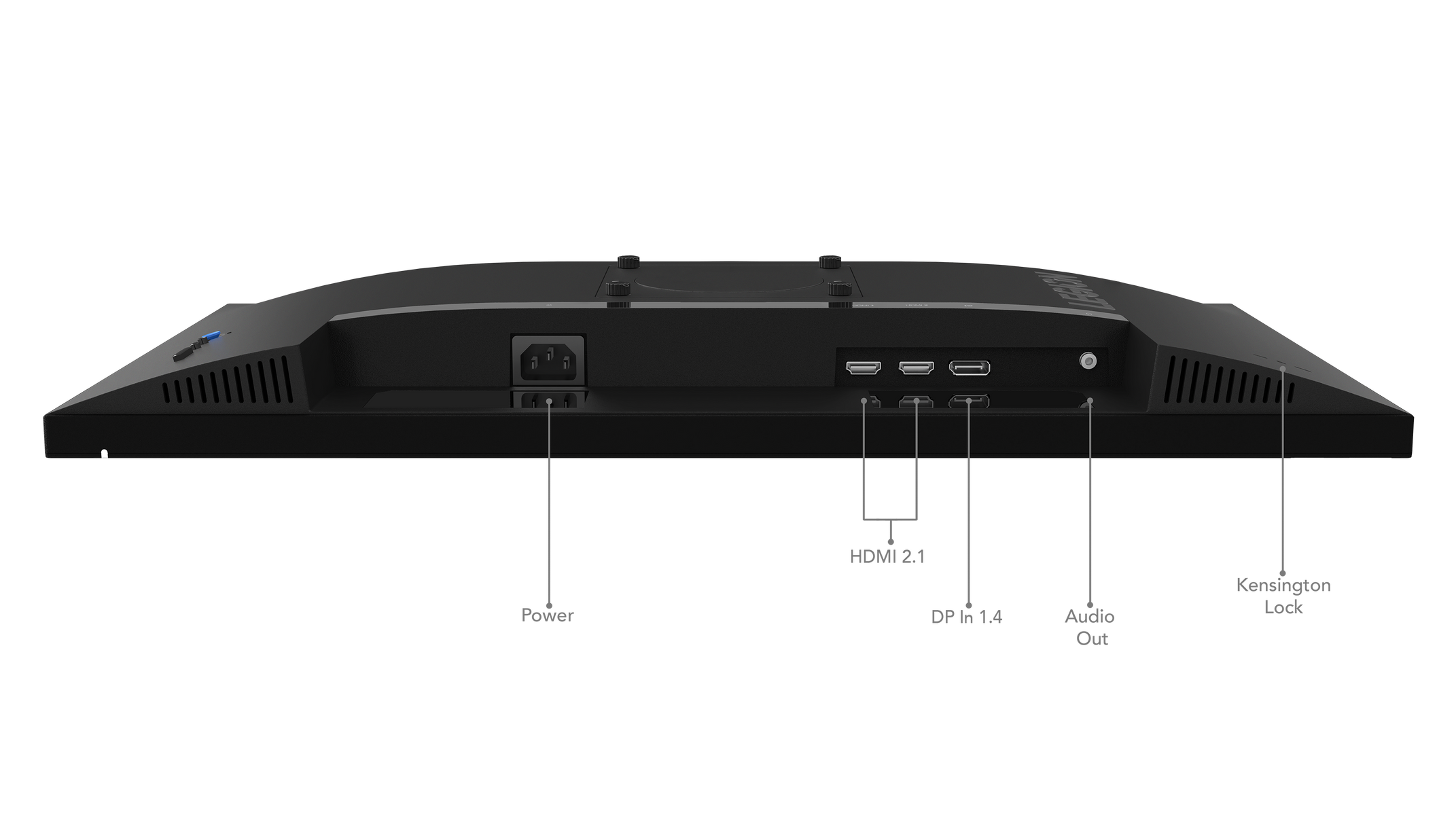 Tył czarnego monitora z portami zasilania, HDMI, DP i audio.