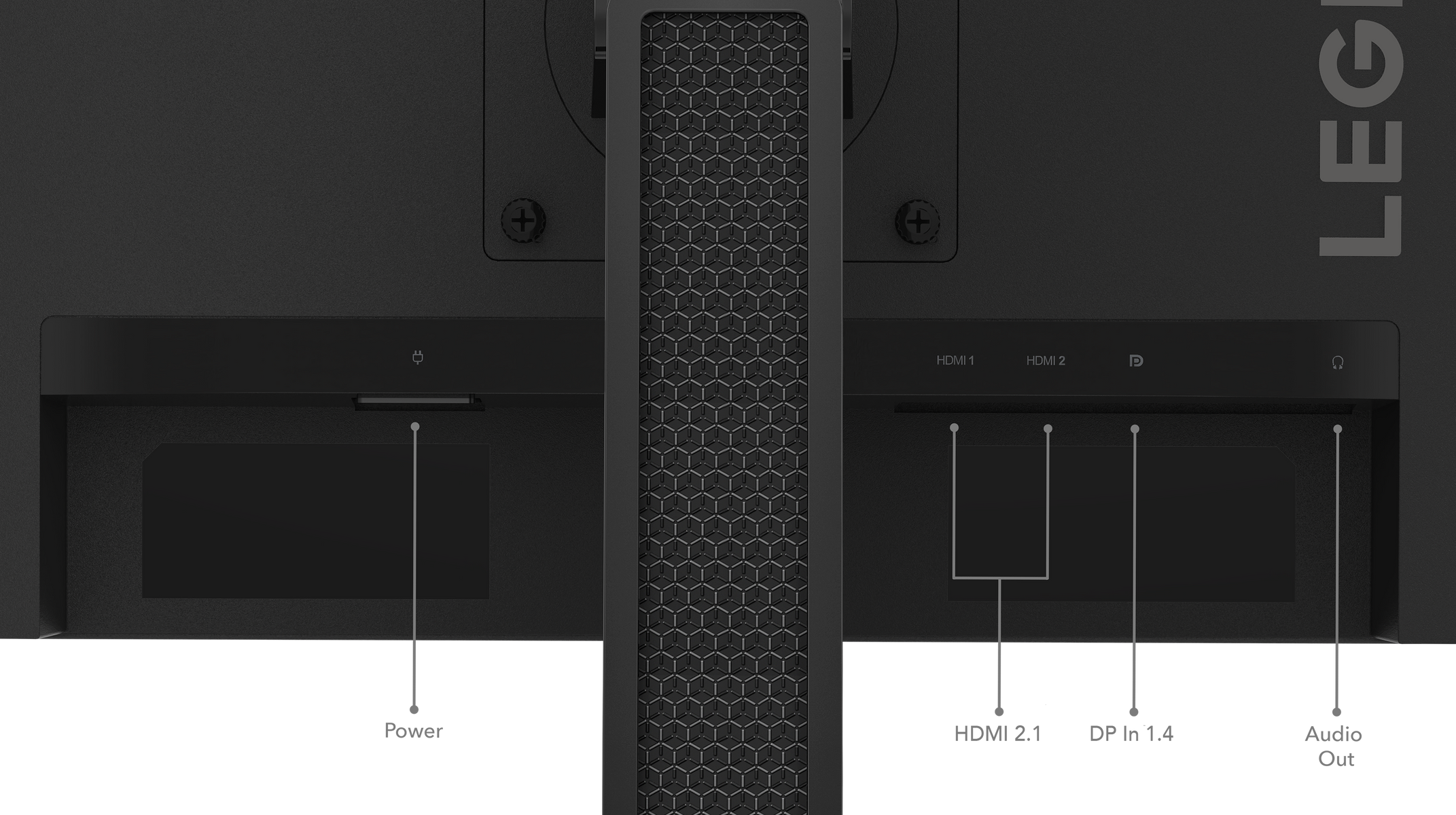 Widok z tyłu czarnego monitora z portami HDMI i wyjściem audio.