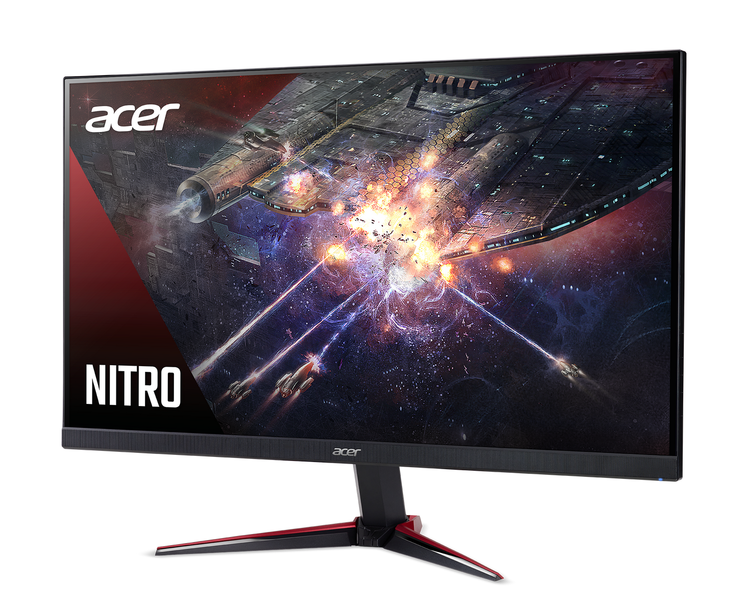 Monitor gamingowy wyświetlający futurystyczną scenę bitwy kosmicznej z logo Acer Nitro.