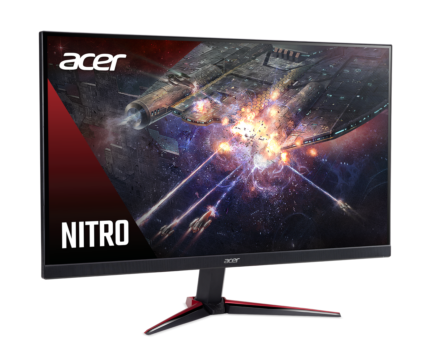 Czarny monitor Acer Nitro wyświetla scenę kosmiczną z statkiem kosmicznym, eksplozjami i słowem NITRO.