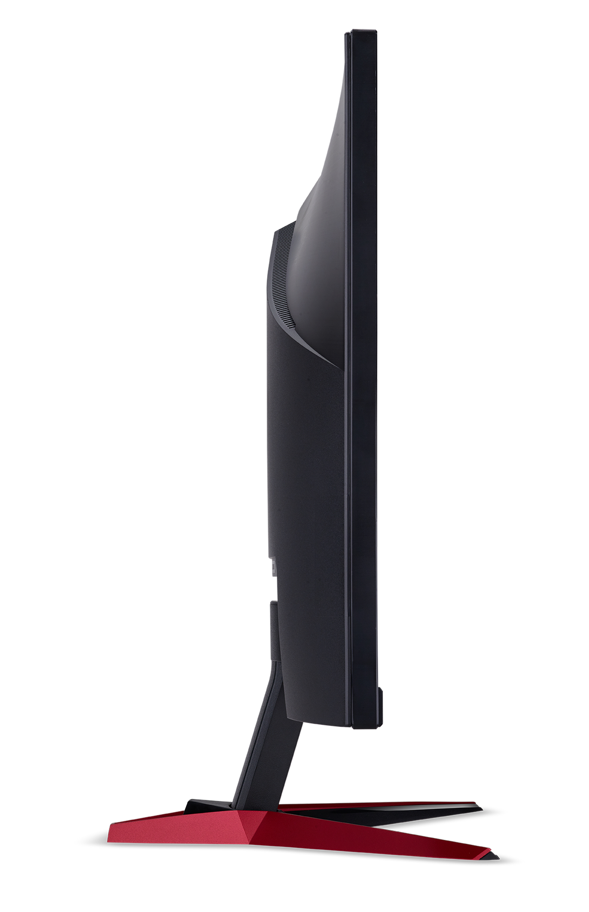 Widok z boku czarnego monitora. Czarna ramka i czerwona podstawa, na czarnym tle.