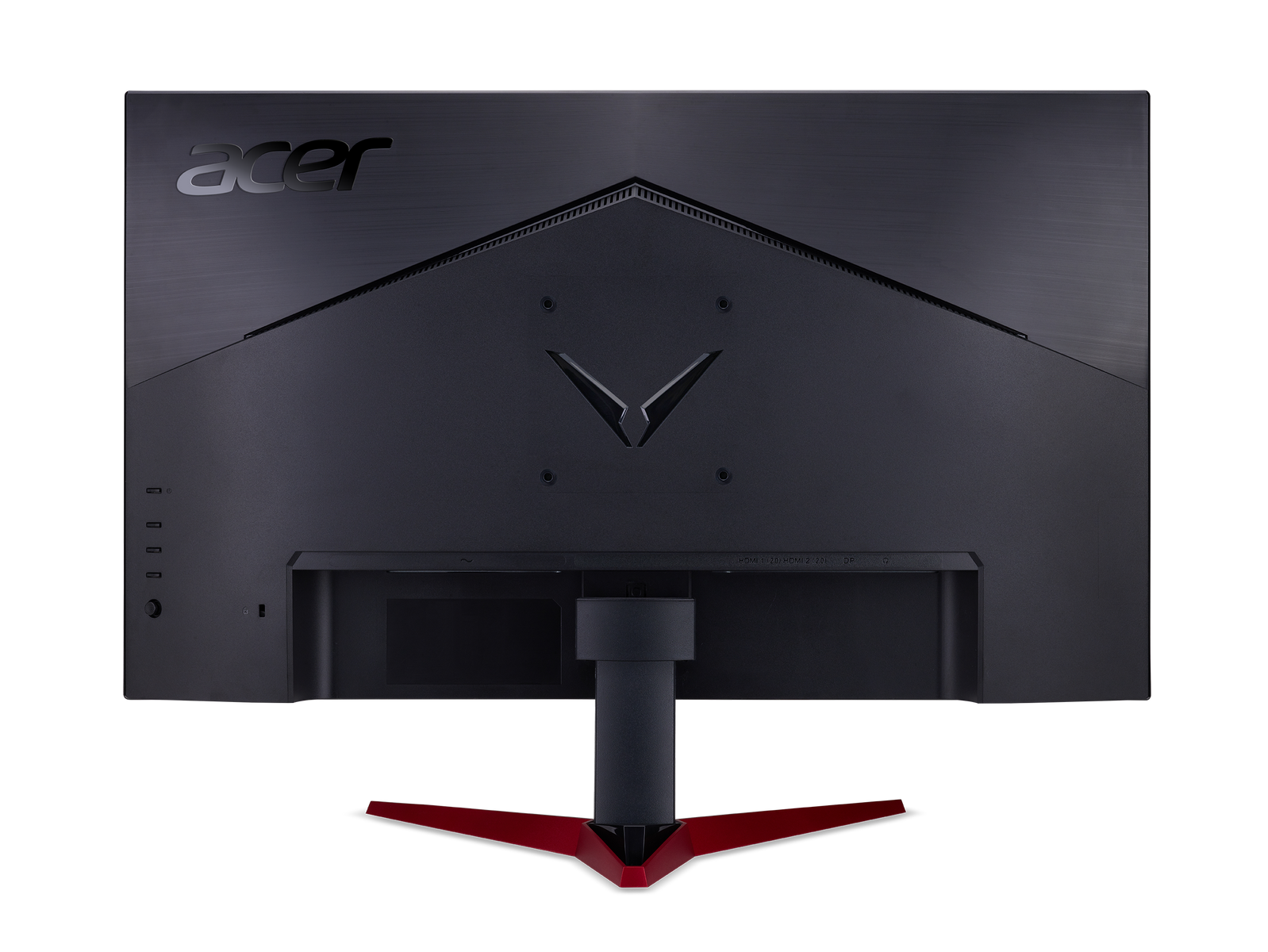 Widok z tyłu czarnego monitora Acer z czerwonym stojakiem.