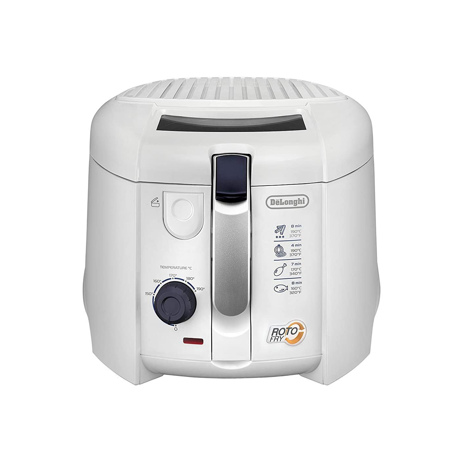 Biała frytownica DeLonghi Roto Fry, pokazująca pokrętło temperatury i uchwyt.