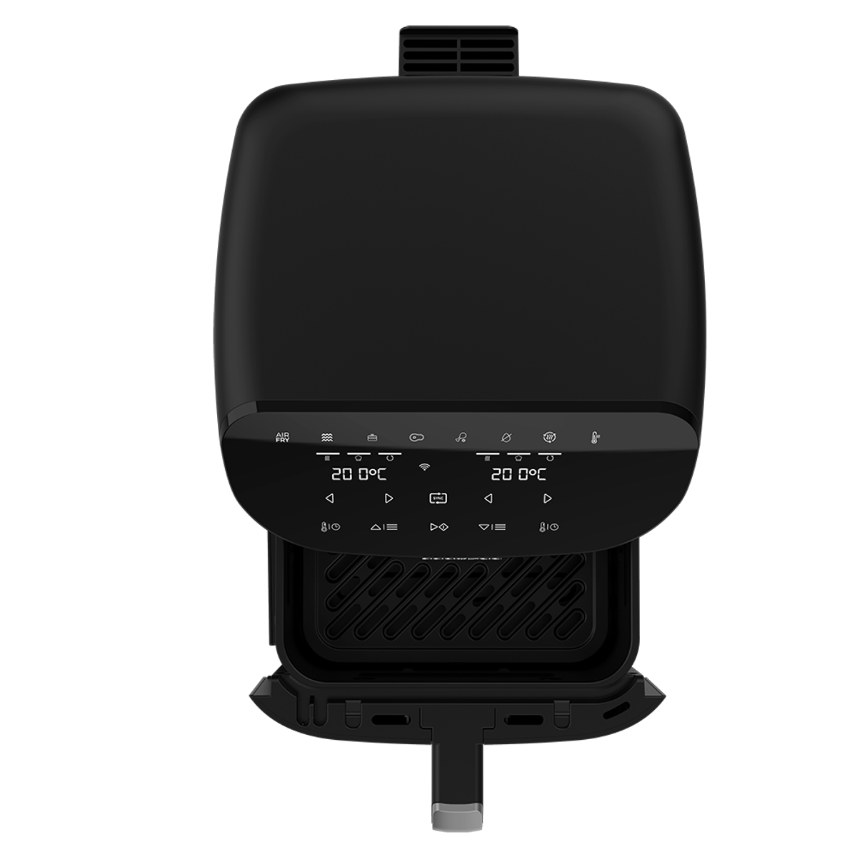 Zwarte airfryer met open lade. Digitaal display. Bovenaanzicht tegen een donkere achtergrond.