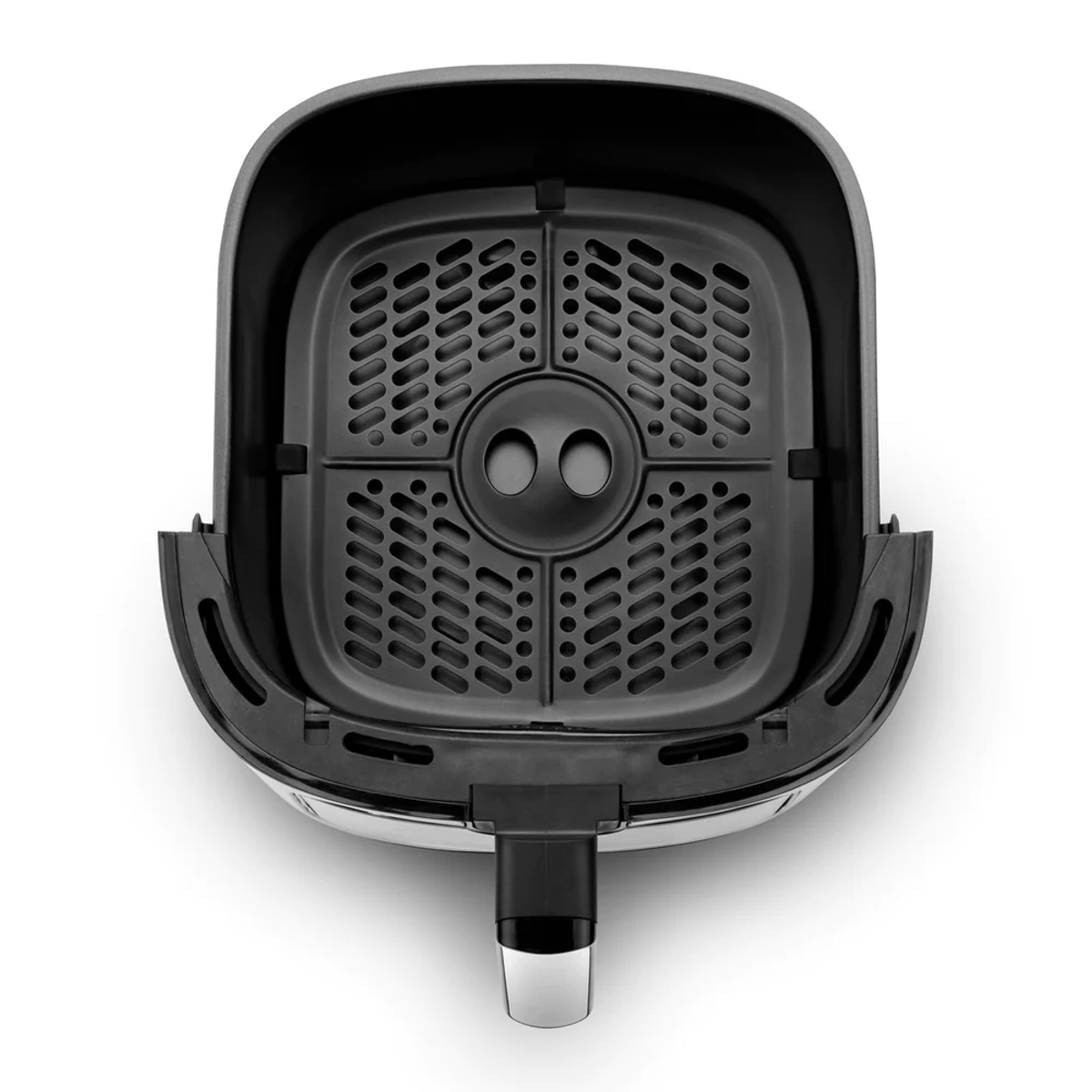 Schwarzer Airfryer-Korb, Draufsicht, mit Löchern und einem zentralen Element, auf Weiß.